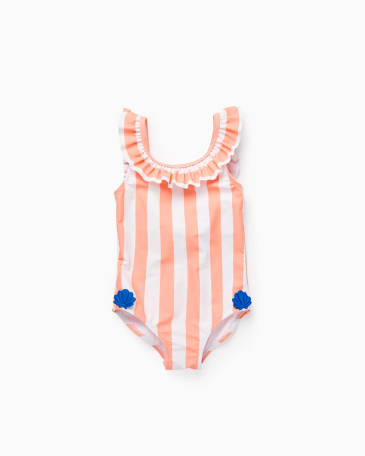 Traje de Baño a Rayas con Conchas 3D para Bebé Niña, Naranja/Blanco