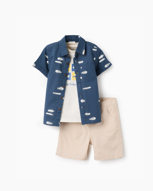 Conjunto Camisa + Camiseta + Bermuda para Bebé Niño 'Sardinhas', Azul/Beige