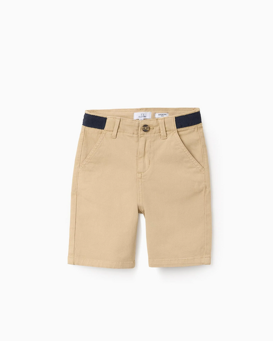 Pantalón Corto de Sarga con Cintura en Contraste para Niño 'Midi', Beige