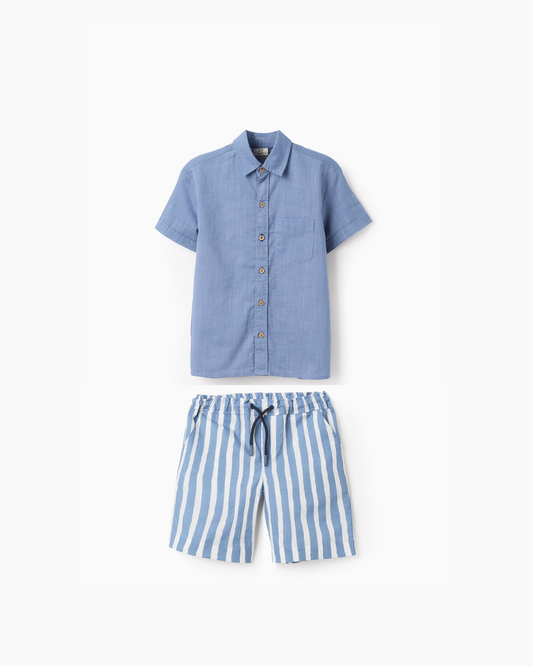 Conjunto camisa azul short rayas con jareta