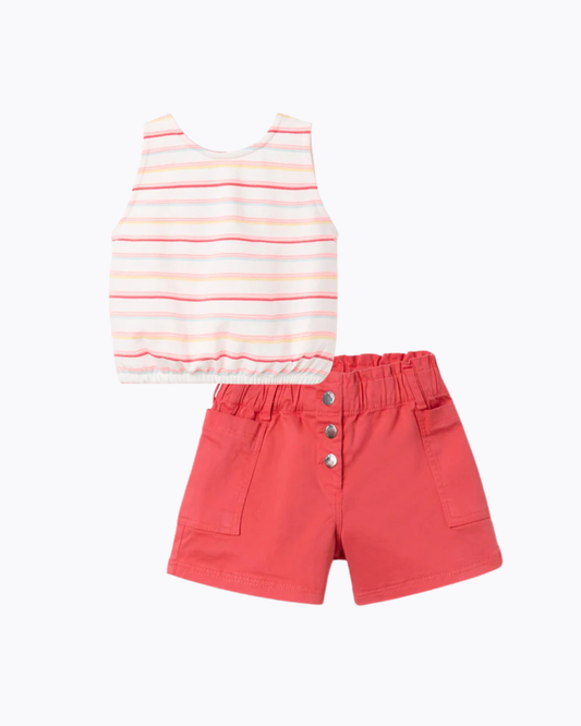 Set blusa blanca a rayas  + Short Rosa Coral bolsas laterales