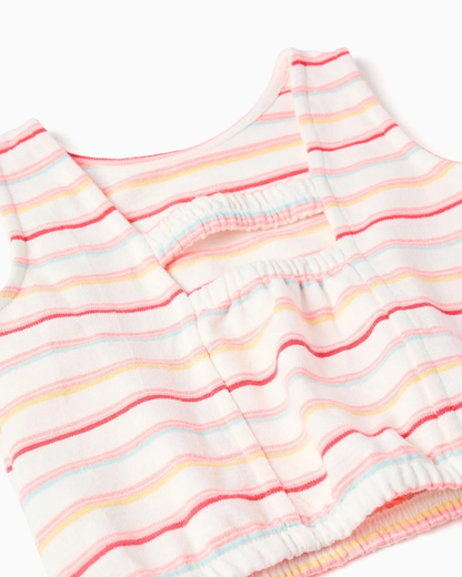 Set blusa blanca a rayas  + Short Rosa Coral bolsas laterales