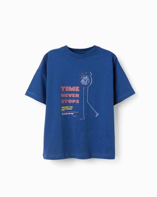 Camiseta de algodón con estampado Time Never Stops para niño, azul oscuro