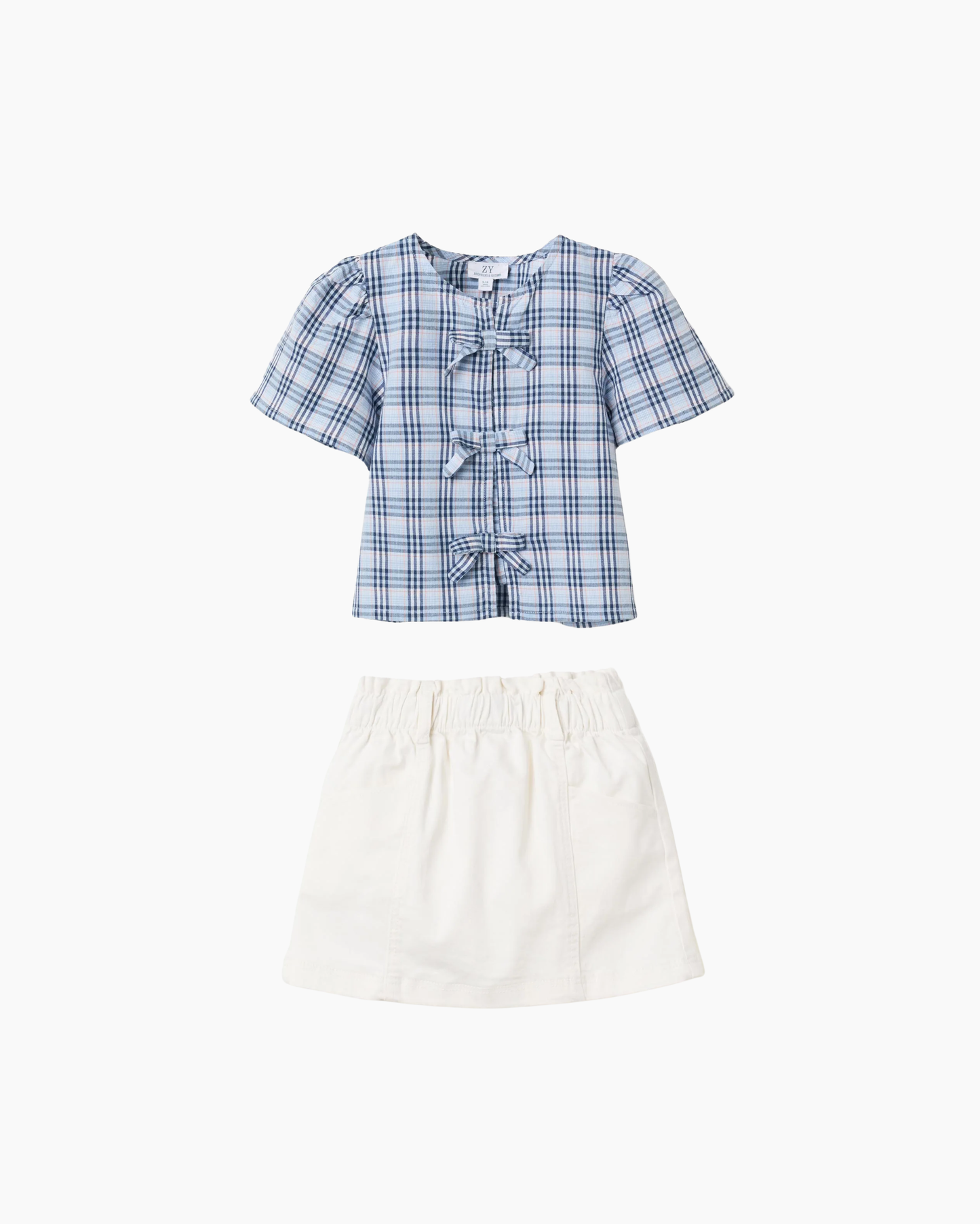 Set blusa cuadros azules + falda denim blanco