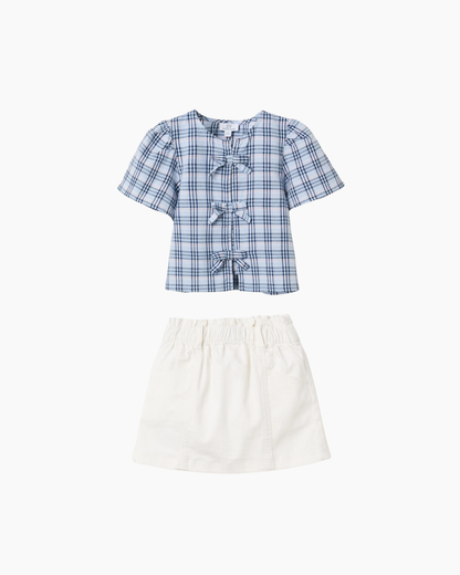 Set blusa cuadros azules + falda denim blanco