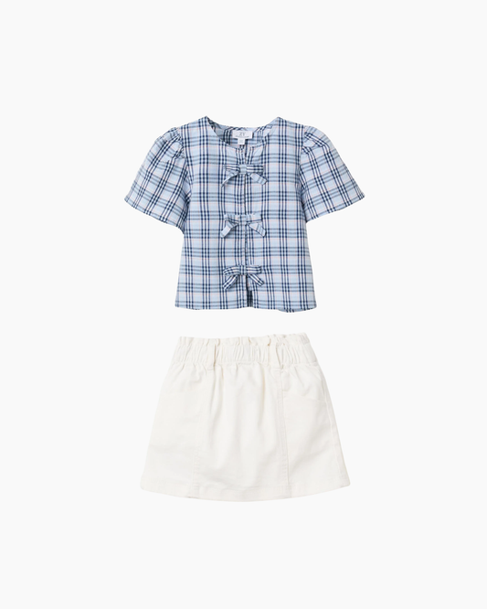 Set blusa cuadros azules + falda denim blanco