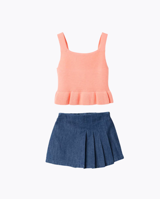 Set blusa melon con olan y short falda denim