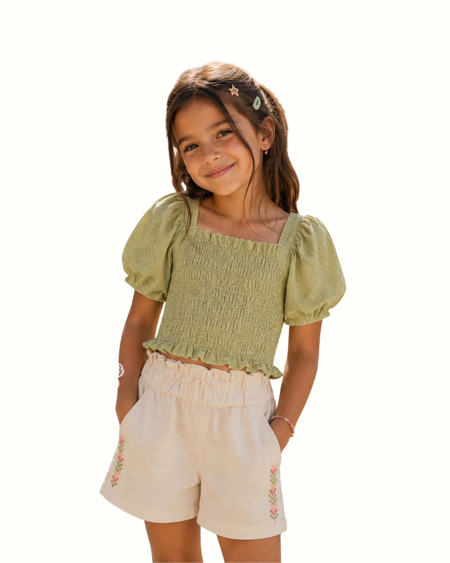 Set blusa verde smock y short ivory bordado