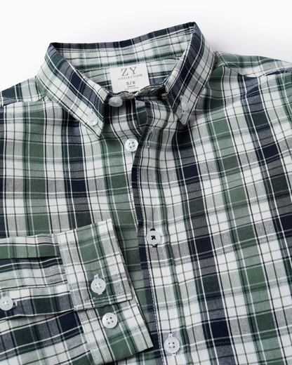 Camisa de Algodón con Cuadros, Verde/Azul Oscuro