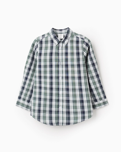 Camisa de Algodón con Cuadros, Verde/Azul Oscuro