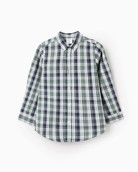 Camisa de Algodón con Cuadros, Verde/Azul Oscuro