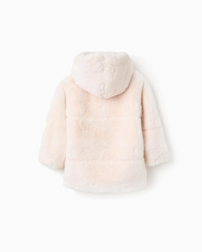 Chaqueta larga de pelo sintético con capucha, beige