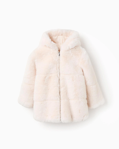 Chaqueta larga de pelo sintético con capucha, beige