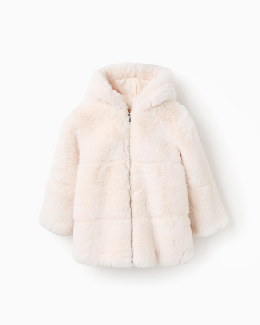 Chaqueta larga de pelo sintético con capucha, beige