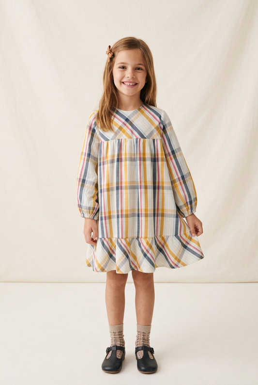 Vestido de Algodón con Cuadros 'B&S', Multicolor amarillo azul