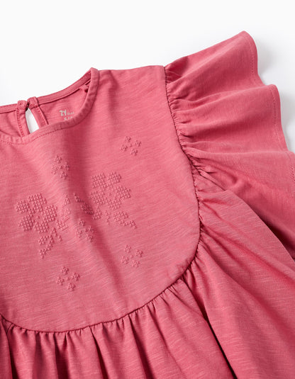Conjunto blusa rosa con pantalon ancho flores bordadas