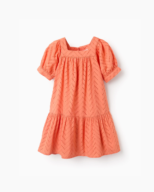 Vestido de Algodón con Bordado Inglés para Niña, Naranja