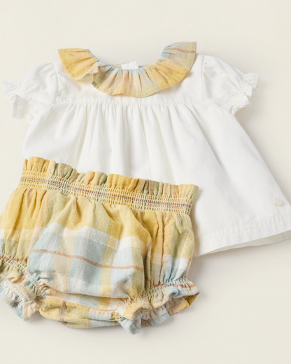 Blusa + Cubrepañal Cuadros para Recién Nacida 'B&S', Blanco/Amarillo