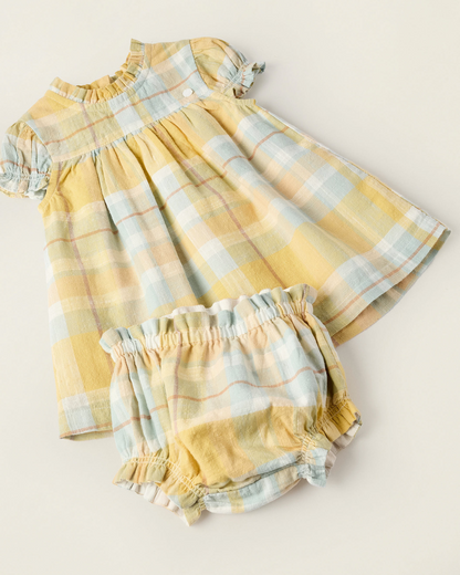 Vestido + Cubrepañal con Cuadros para Recién Nacida 'B&S', Amarillo/Azul