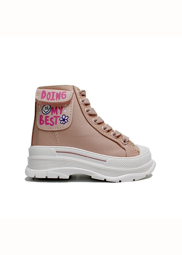 tenis tipo botín color rosa camel, con bolsa lateral
