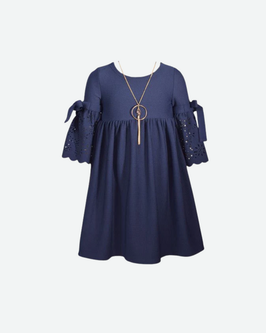 vestido azul manga campana