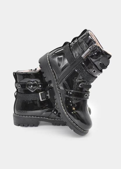 botin biker negro charol para niña