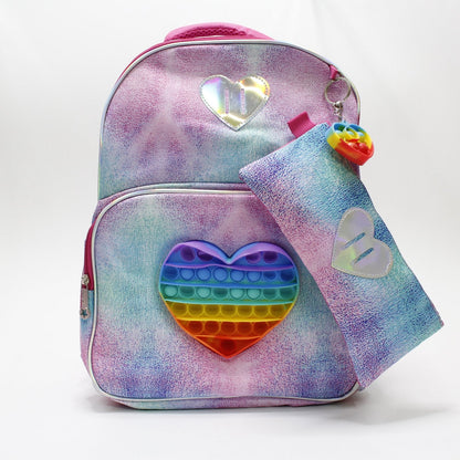 set mochila, lapicera y lonchera tema corazón popit holográfico