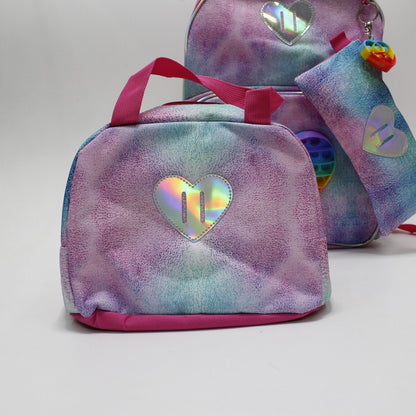set mochila, lapicera y lonchera tema corazón popit holográfico