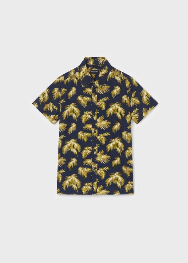 camisa azul estampado tropical