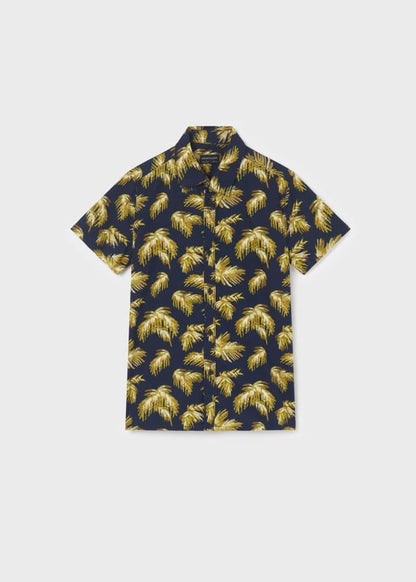 camisa azul estampado tropical