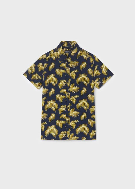 camisa azul estampado tropical