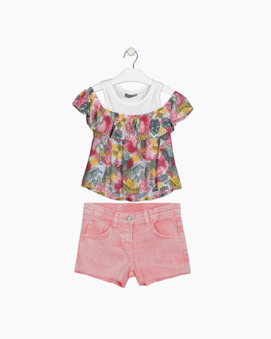 Set Blusa Hojas y Short Denim coral
