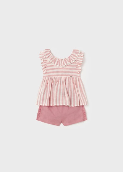 conjunto 2 piezas blusa a rayas y short rosado