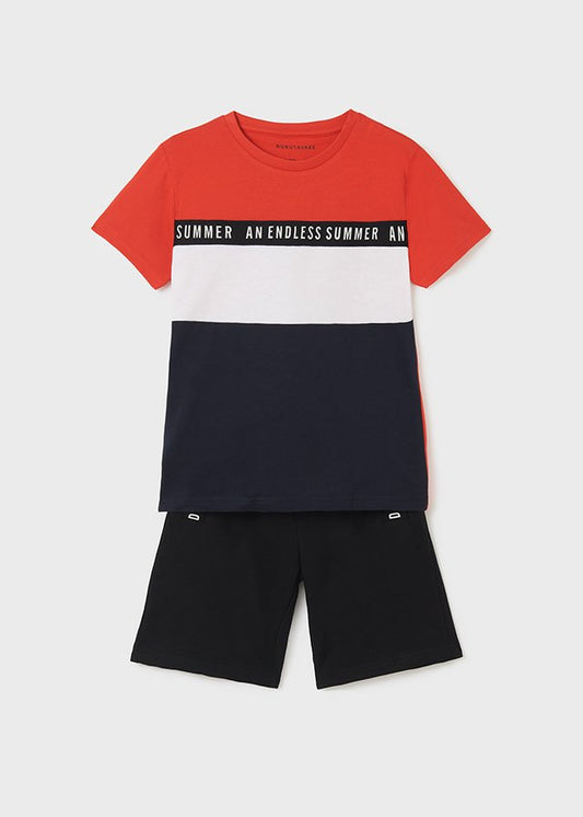conjunto de short y camiseta colores azul blanco y naranja