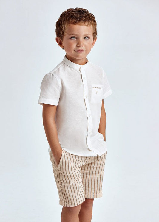 Conjunto bermuda rayas niño, color almendra
