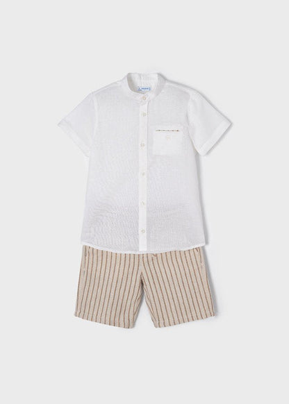 Conjunto bermuda rayas niño, color almendra