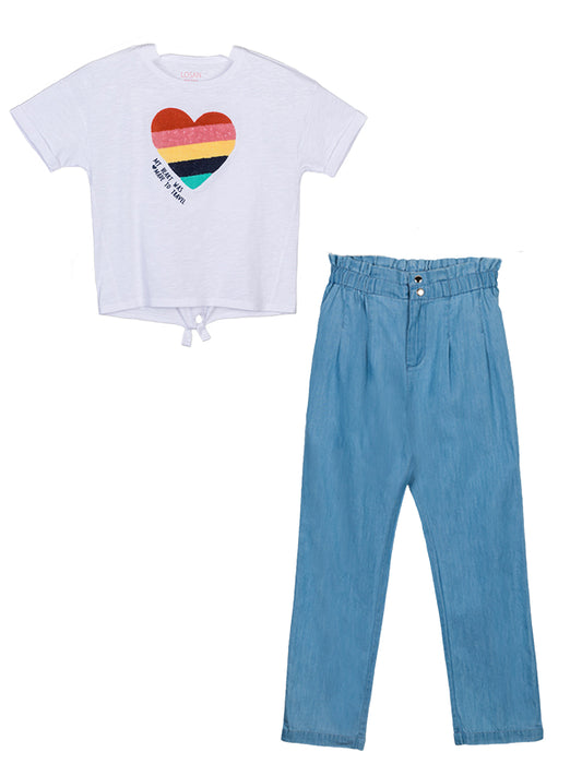 Set blusa blanca, corazón rayas