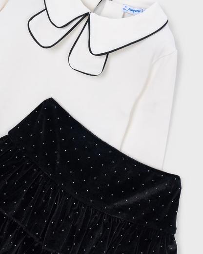 Conjunto blusa manga larga  + falda terciopelo negro
