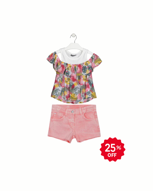 Set Blusa Hojas y Short Denim coral