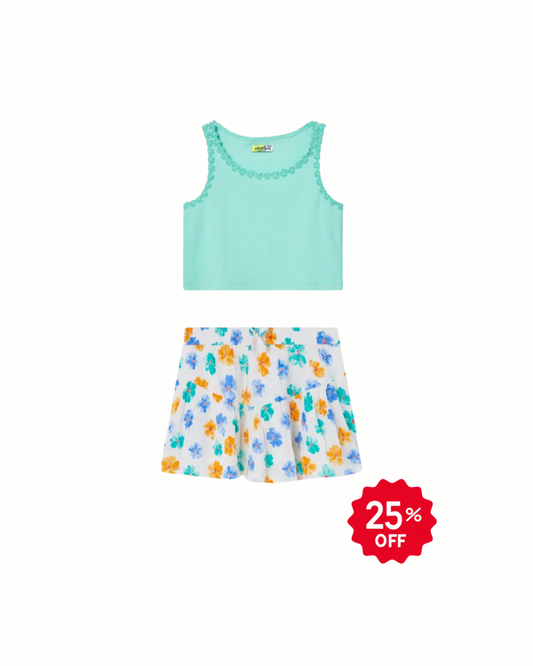 Set blusa verde esmeralda falda volada de flores
