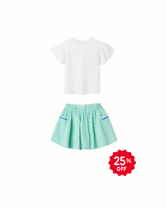 Conjunto Blusa Bolsa croshet con falda a amplia a rayas