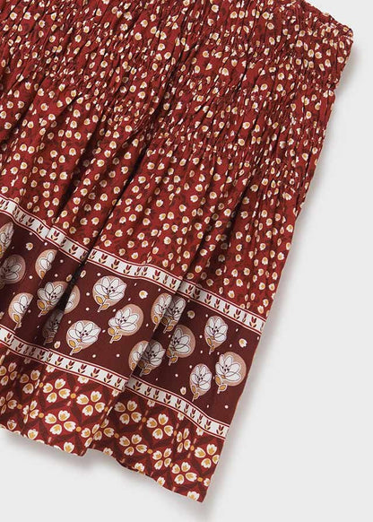 set blusa milk 3 corazones, falda de flores granate, mayoral