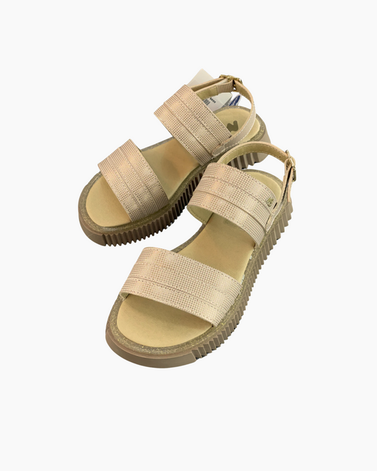 Huarache Beige 6 tiras, tonos oro, suela alta
