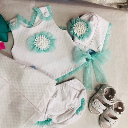 conjunto vestido y cubre pañal babine con verde esmeralda