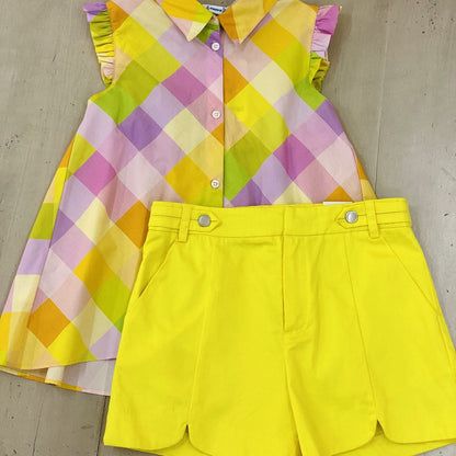 Set blusa malva cuadros, short verde limon