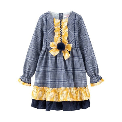 vestido manga larga, marino, pompon cintura