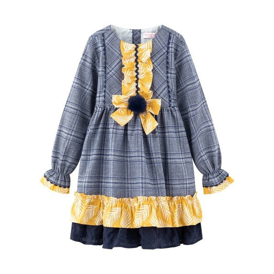 vestido manga larga, marino, pompon cintura