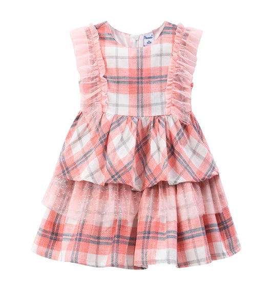 vestido a cuadros, dos olanes y detalles en tul