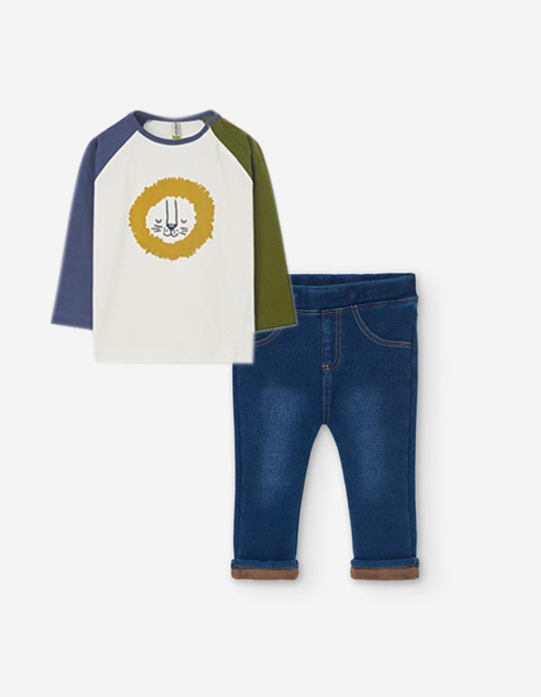 set camiseta manga larga y pantalon leggins tipo denim para bebe