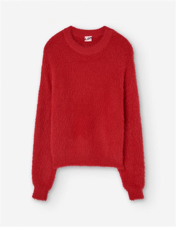 Conjunto sweater rojo y falda cargo polipiel negro